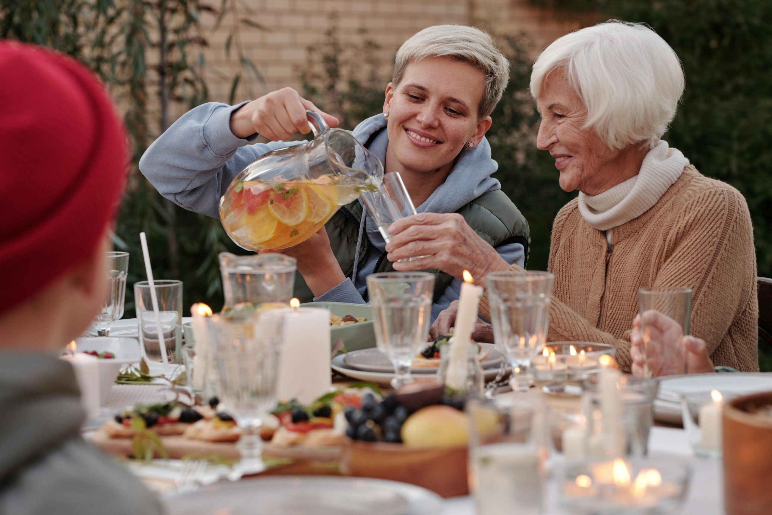 healthy meal, water, and person meditating